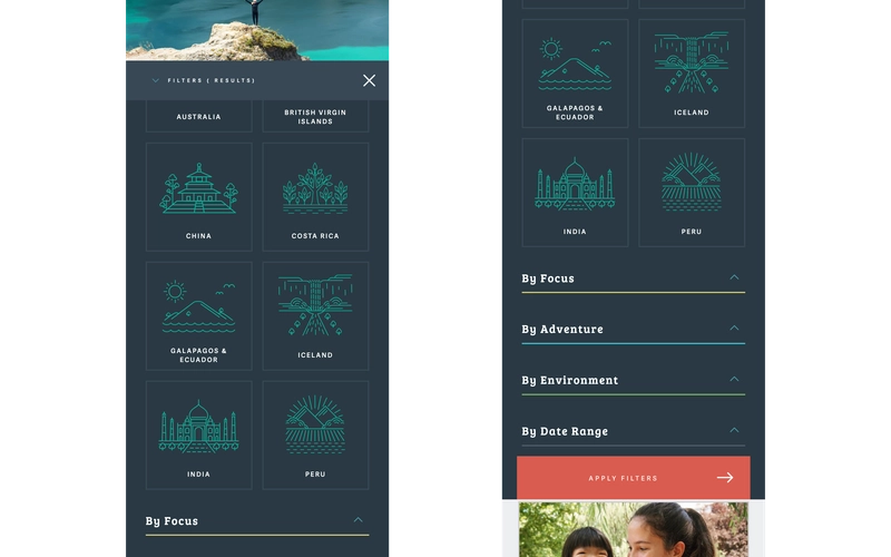 original mobile design for the GoBeyond Travel programs page filters